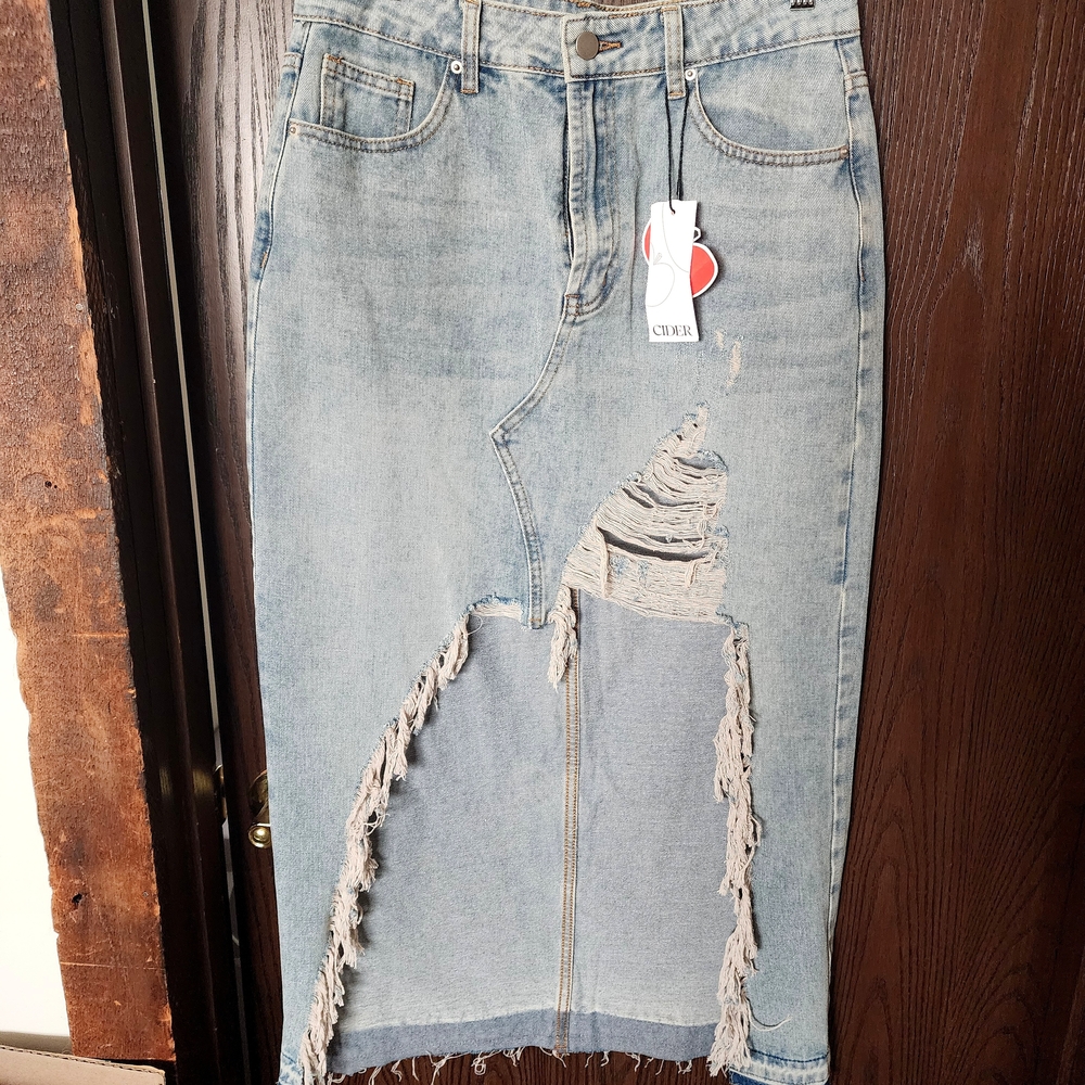 Cider High Low Distressed Denim Skirt